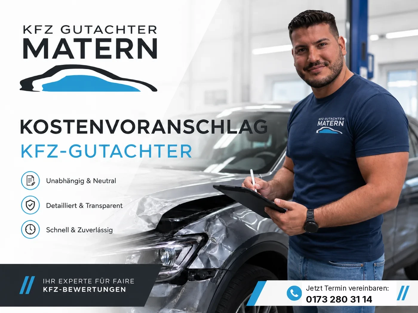KFZ-Sachverständiger erstellt einen Kostenvoranschlag am beschädigten Fahrzeug
