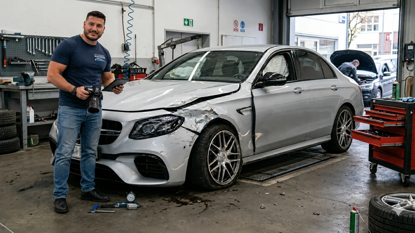 KFZ-Sachverständiger bei der Schadensbegutachtung eines Unfallfahrzeugs