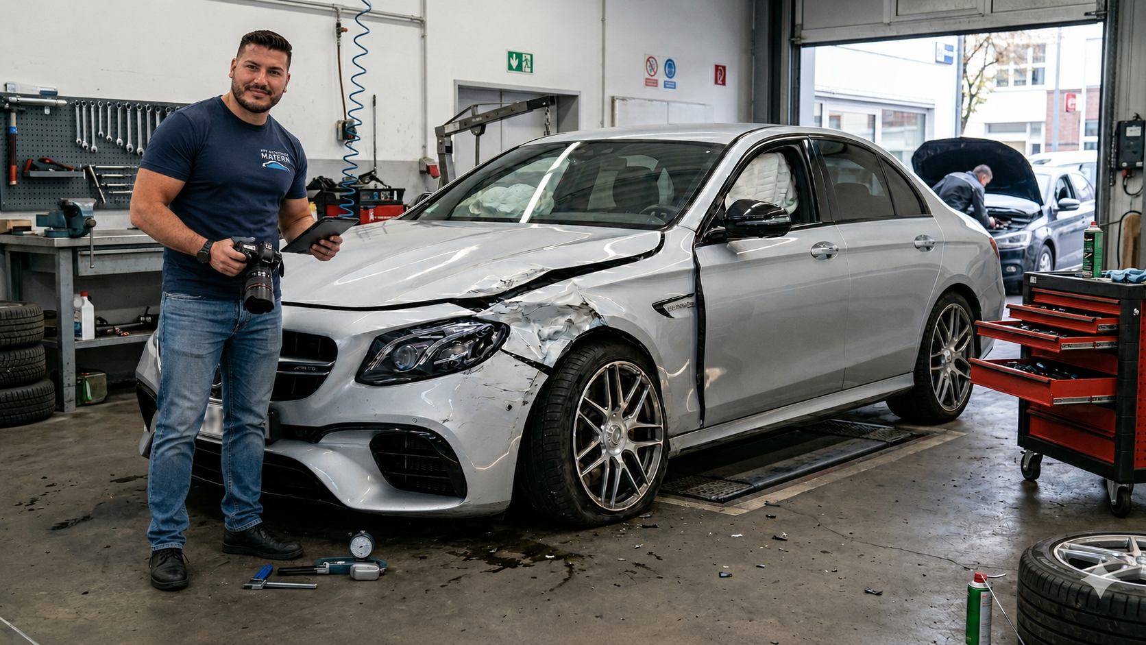 KFZ-Sachverständiger bei der Schadensbegutachtung eines Unfallfahrzeugs